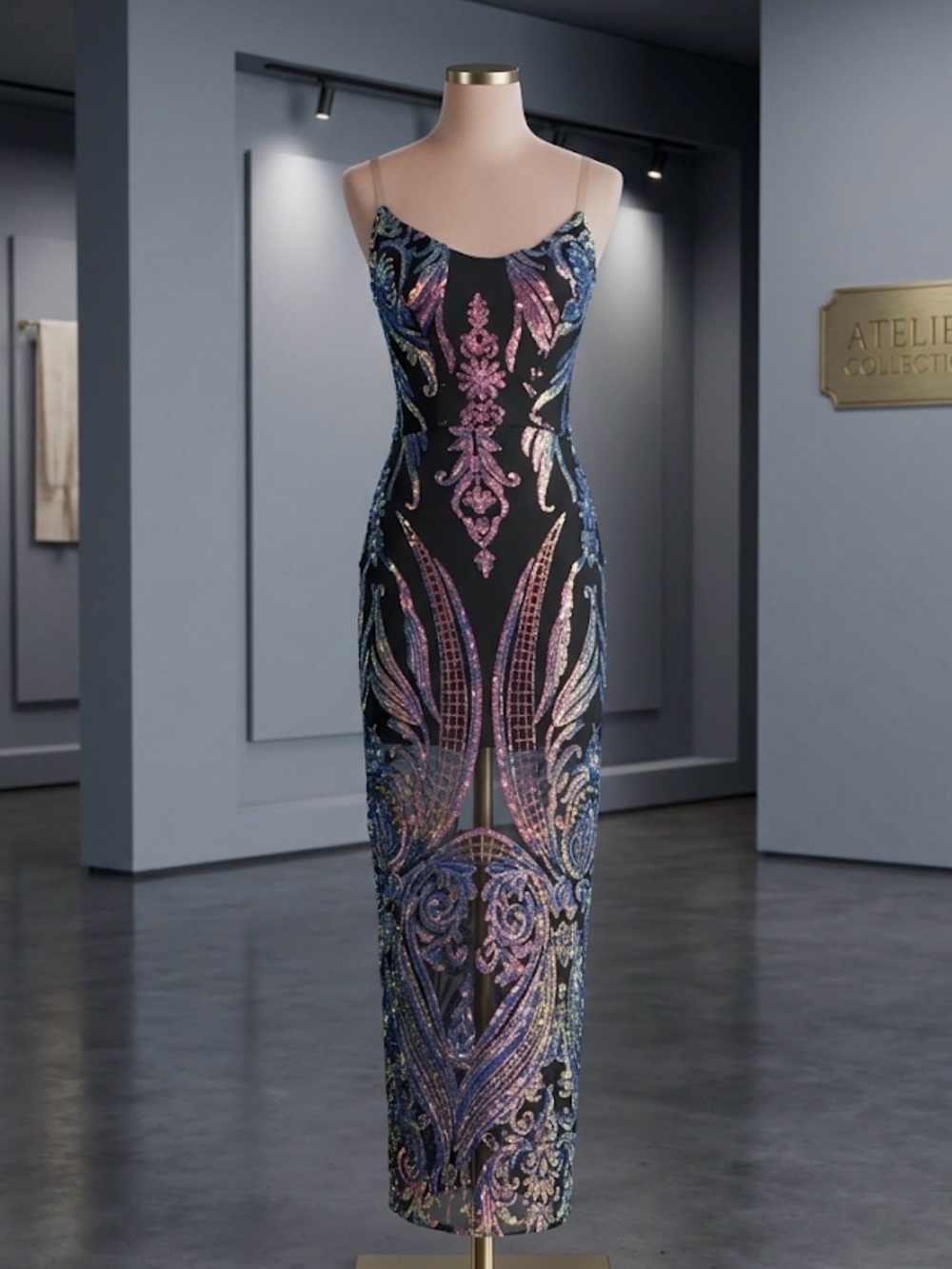 White House Black Market Black Sequin Maxi Dress with Iridescent Accents